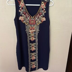 Solitaire Navy Sleeveless Embroidered Shift Dress